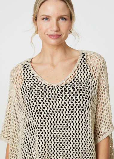 Izabel London Beige Sheer Crochet Relaxed Batwing Sleeve Top