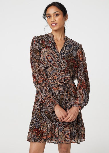 Izabel London Black Paisley Print Tie Waist Short Dress