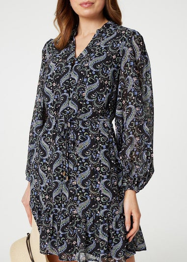 Izabel London Black Paisley V-Neck Long Sleeve Mini Dress