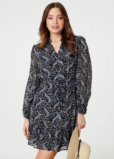 Izabel London Black Paisley V-Neck Long Sleeve Mini Dress