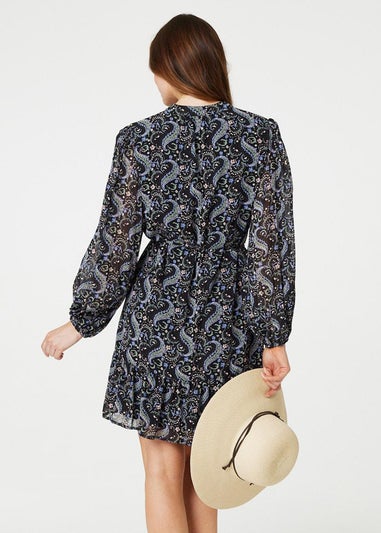 Izabel London Black Paisley V-Neck Long Sleeve Mini Dress