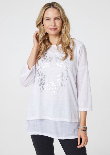 Izabel London White Metallic Star Print Layered Tunic Top