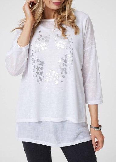 Izabel London White Metallic Star Print Layered Tunic Top