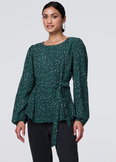 Izabel London Green Animal Print Tie Waist Long Sleeve Top