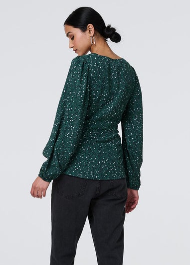 Izabel London Green Animal Print Tie Waist Long Sleeve Top