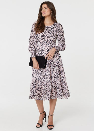 Izabel London Pink Floral Tiered Smock Midi Dress