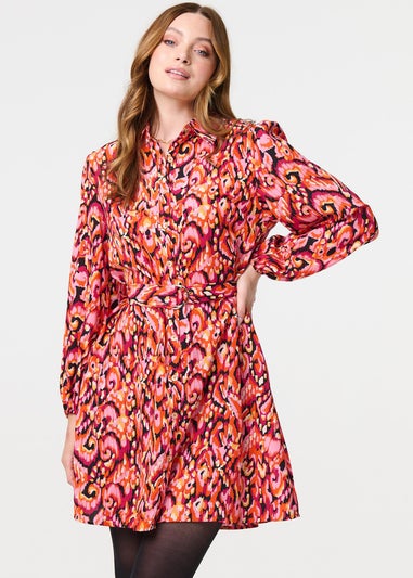 Izabel London Pink Abstract Print Belt Detail Shirt Dress