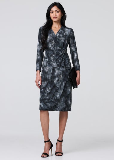 Izabel London Black Printed Ruched Belt Detail Midi Dress