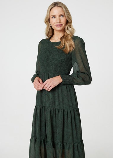 Izabel London Green Printed Sheer Layer Midi Smock Dress