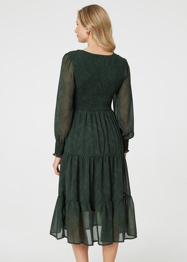 Izabel London Green Printed Sheer Layer Midi Smock Dress