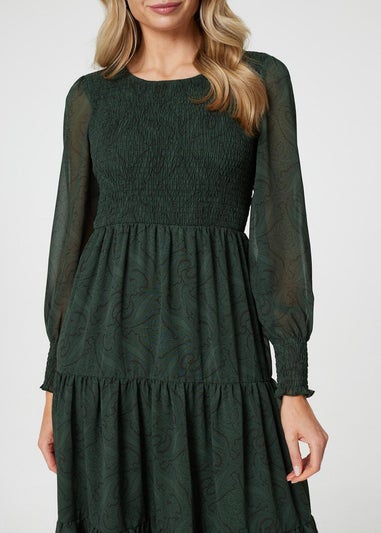 Izabel London Green Printed Sheer Layer Midi Smock Dress