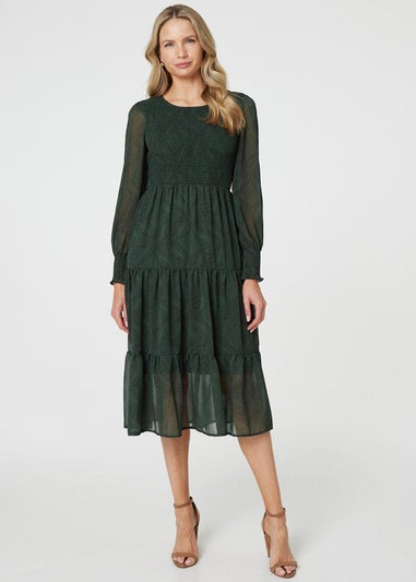 Izabel London Green Printed Sheer Layer Midi Smock Dress