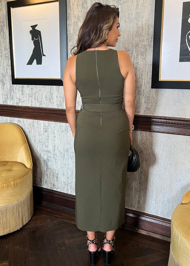 AX Paris Dark Khaki Round Neck Belted Bodycon Cargo Midi Dress