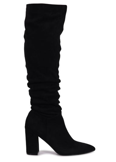 Linzi Nina Black Suede Block Heel Knee High Ruched Boot