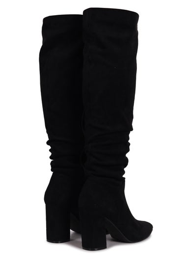 Linzi Nina Black Suede Block Heel Knee High Ruched Boot