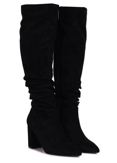 Linzi Nina Black Suede Block Heel Knee High Ruched Boot