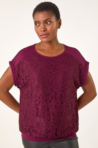 Roman Wine Lace Front Stretch Jersey Top