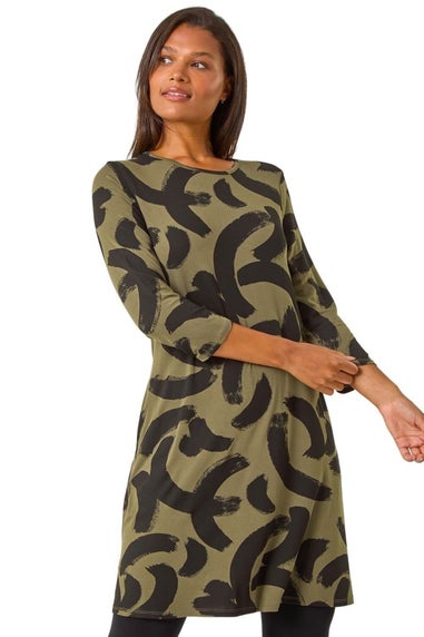 Roman Khaki Brushstroke A-Line Stretch Dress