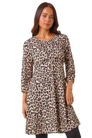 Roman Camel Petite Animal Print Gathered Waist Dress