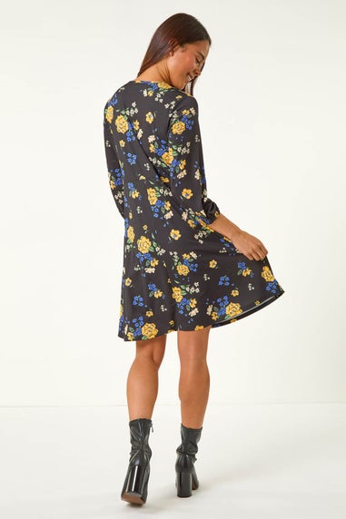 Roman Black Petite Floral Print Gathered Waist Dress