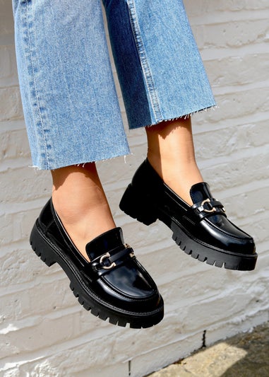 Linzi Maddox Black Faux High Shine Leather Chunky Loafer