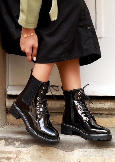 Linzi Layna Black Faux Patent Military Boot