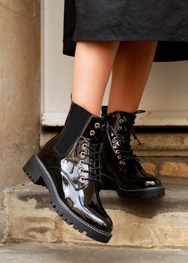 Linzi Layna Black Faux Patent Military Boot