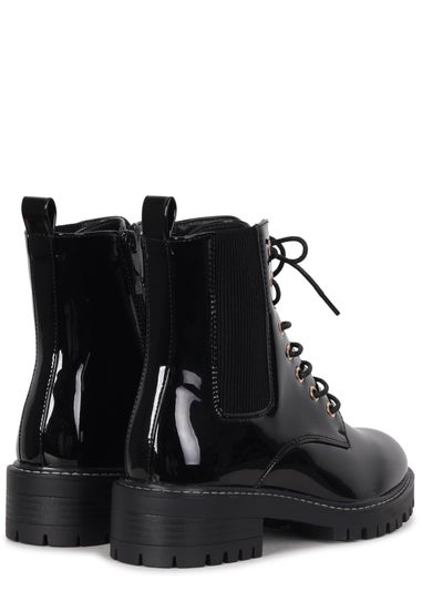 Linzi Layna Black Faux Patent Military Boot