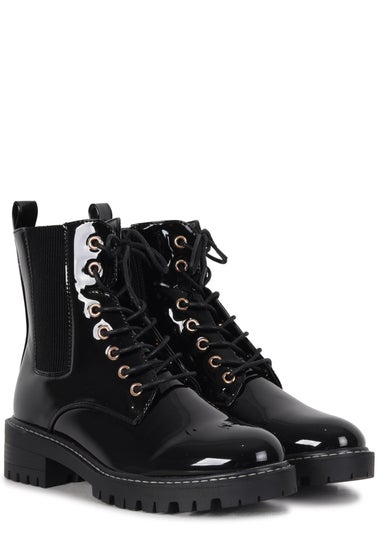 Linzi Layna Black Faux Patent Military Boot