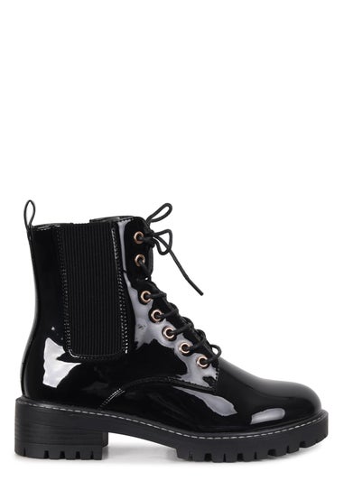 Linzi Layna Black Faux Patent Military Boot