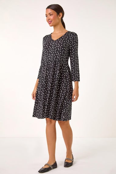 Roman Black Spot Print Button Detail V-Neck Dress