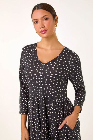 Roman Black Spot Print Button Detail V-Neck Dress