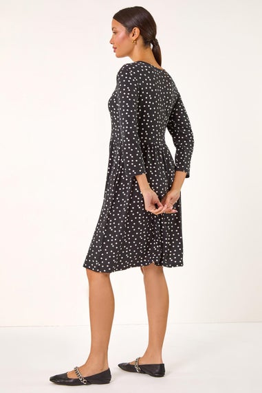 Roman Black Spot Print Button Detail V-Neck Dress