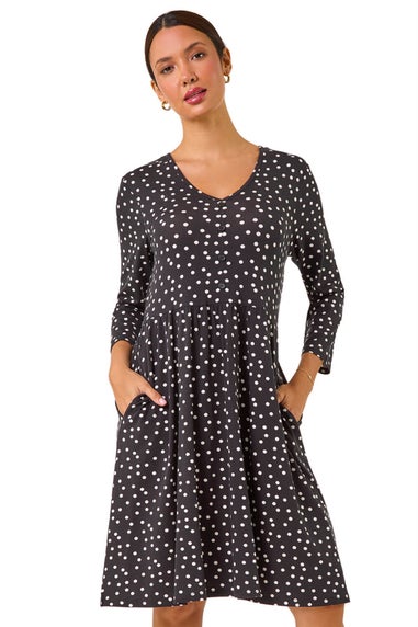 Roman Black Spot Print Button Detail V-Neck Dress