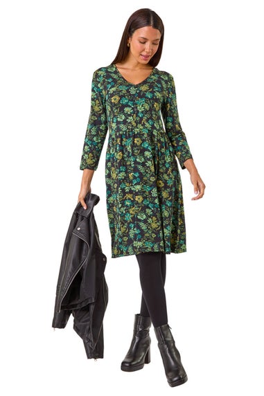 Roman Green Floral Print Button Detail V-Neck Dress