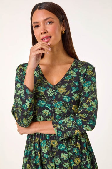 Roman Green Floral Print Button Detail V-Neck Dress