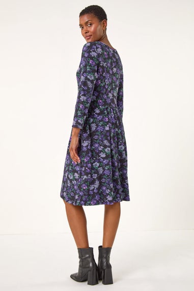 Roman Purple Floral Print Button Detail V-Neck Dress