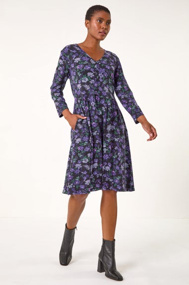 Roman Purple Floral Print Button Detail V-Neck Dress