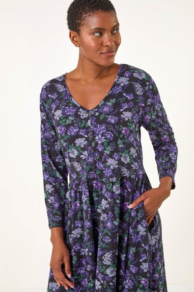 Roman Purple Floral Print Button Detail V-Neck Dress