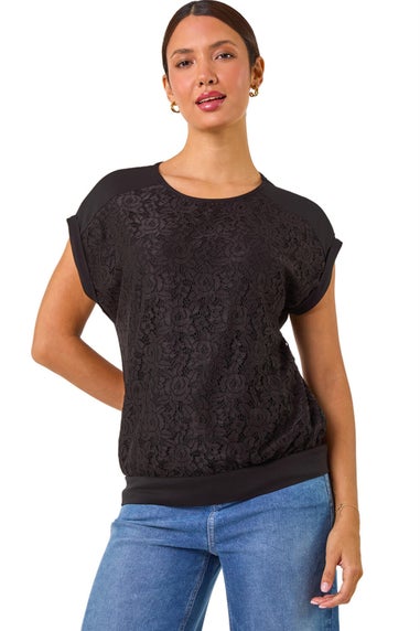 Roman Black Lace Front Stretch Jersey Top