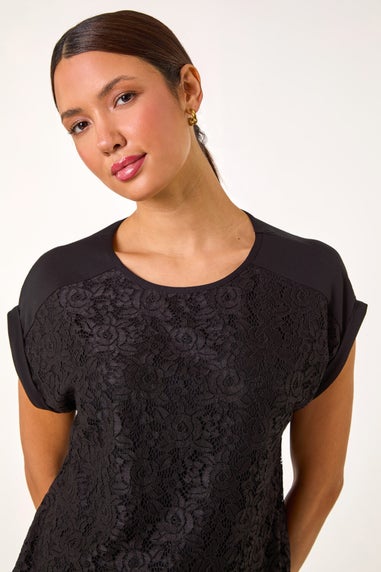 Roman Black Lace Front Stretch Jersey Top