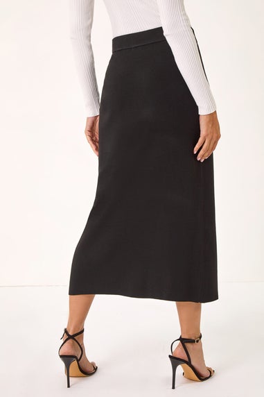 Roman Black Front Split Knitted Midi Skirt