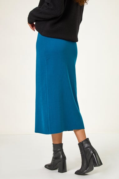 Roman Denim Blue Front Split Knitted Midi Skirt