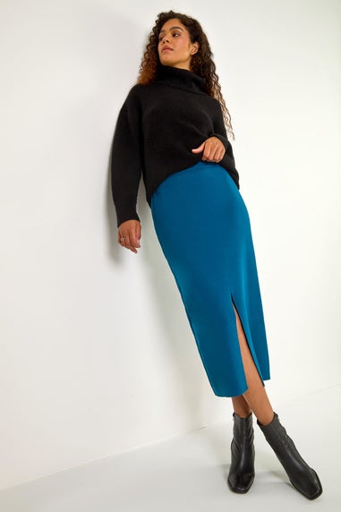 Roman Denim Blue Front Split Knitted Midi Skirt