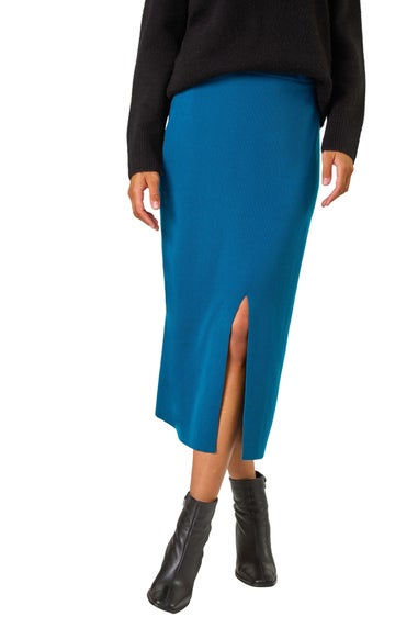 Roman Denim Blue Front Split Knitted Midi Skirt