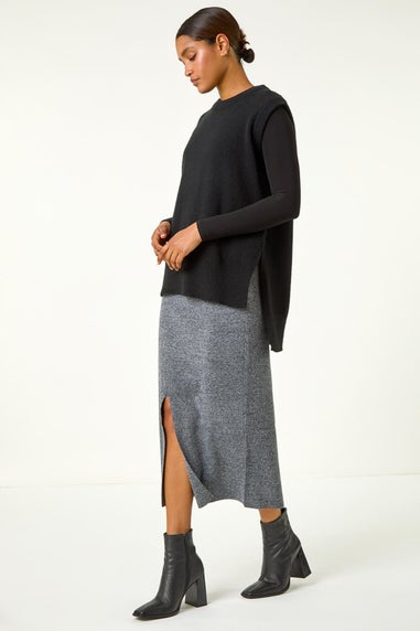 Roman Grey Front Split Knitted Midi Skirt