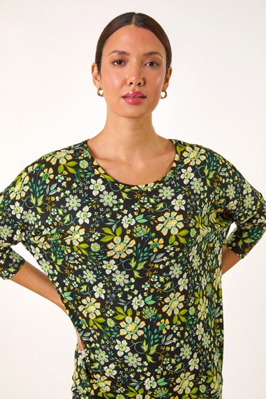 Roman Green Floral Print Stretch Batwing Top