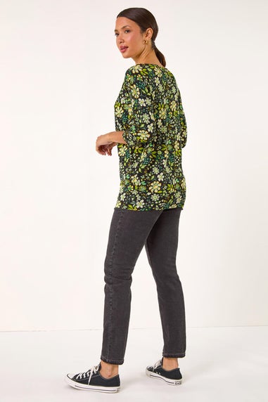 Roman Green Floral Print Stretch Batwing Top