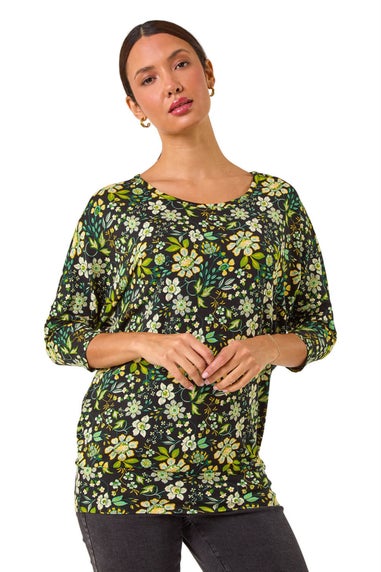 Roman Green Floral Print Stretch Batwing Top