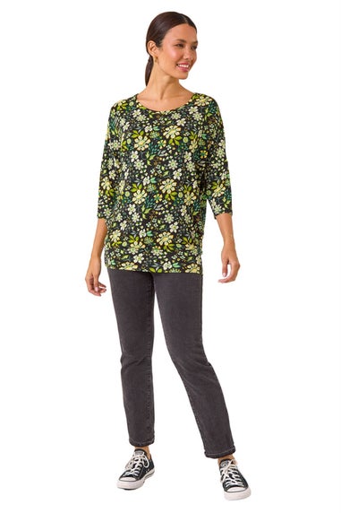 Roman Green Floral Print Stretch Batwing Top